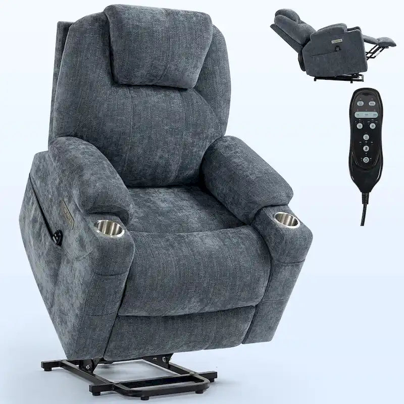 Blue Power Lift Recliner with 8-Point Massage, Heated Lumbar, Dual USB Ports, and Stainless Steel Cup Holders