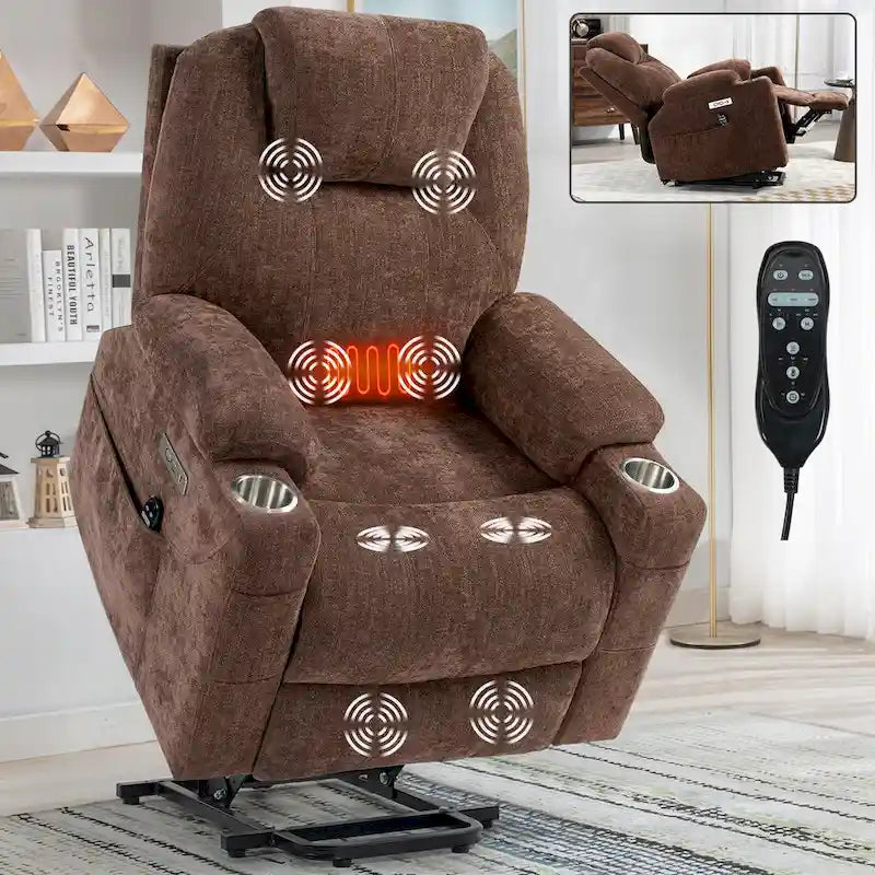 Blue Power Lift Recliner with 8-Point Massage, Heated Lumbar, Dual USB Ports, and Stainless Steel Cup Holders