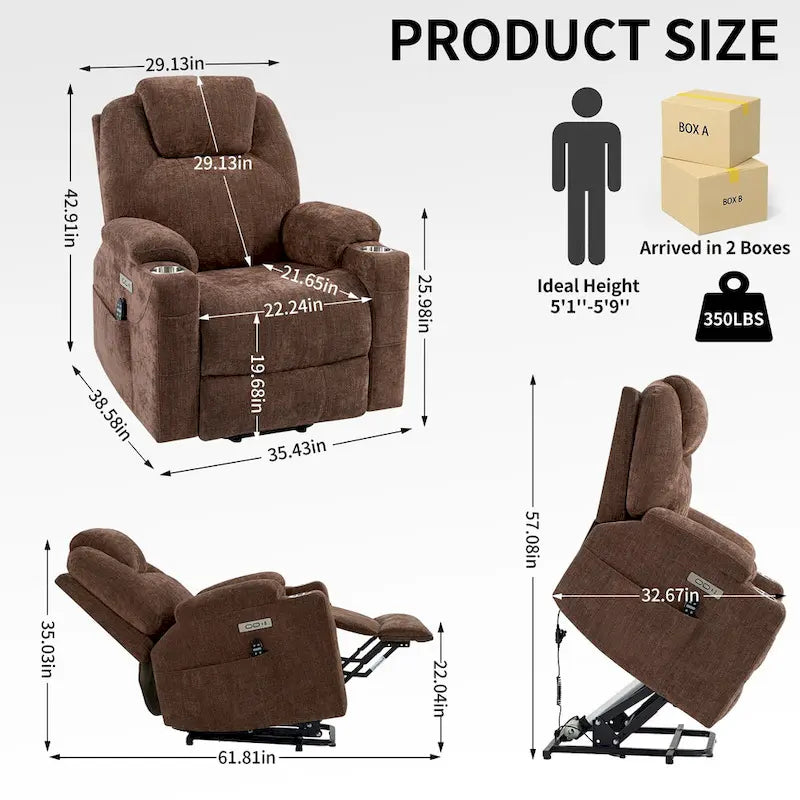 Blue Power Lift Recliner with 8-Point Massage, Heated Lumbar, Dual USB Ports, and Stainless Steel Cup Holders