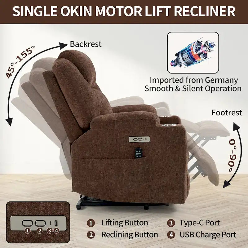 Blue Power Lift Recliner with 8-Point Massage, Heated Lumbar, Dual USB Ports, and Stainless Steel Cup Holders