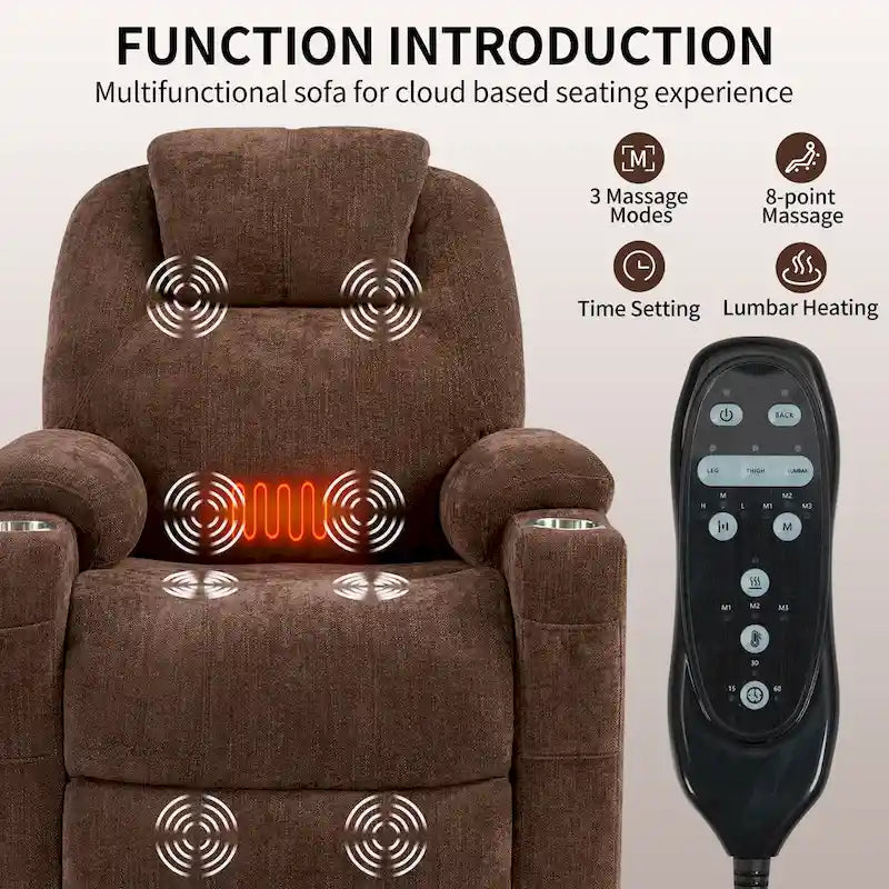 Blue Power Lift Recliner with 8-Point Massage, Heated Lumbar, Dual USB Ports, and Stainless Steel Cup Holders