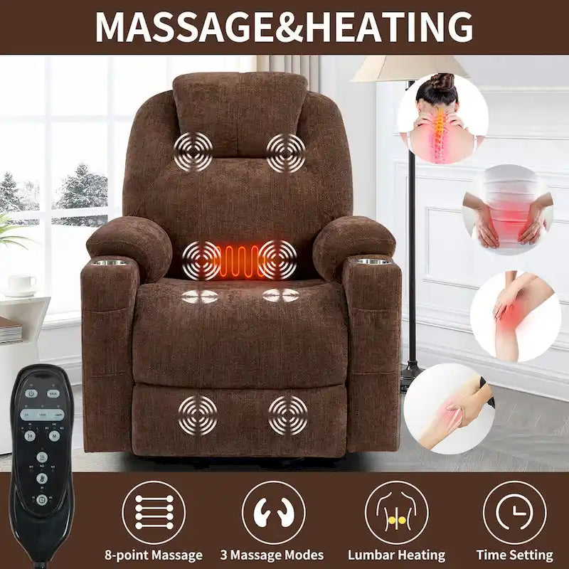 Blue Power Lift Recliner with 8-Point Massage, Heated Lumbar, Dual USB Ports, and Stainless Steel Cup Holders