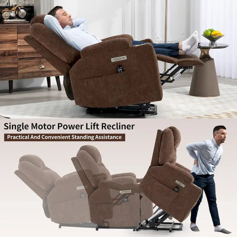 Blue Power Lift Recliner with 8-Point Massage, Heated Lumbar, Dual USB Ports, and Stainless Steel Cup Holders