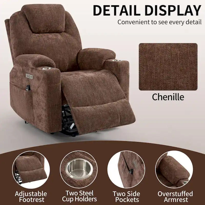 Blue Power Lift Recliner with 8-Point Massage, Heated Lumbar, Dual USB Ports, and Stainless Steel Cup Holders