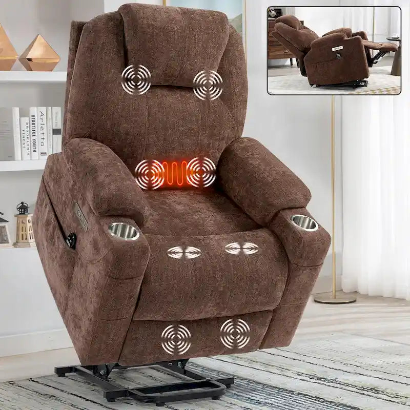 Blue Power Lift Recliner with 8-Point Massage, Heated Lumbar, Dual USB Ports, and Stainless Steel Cup Holders