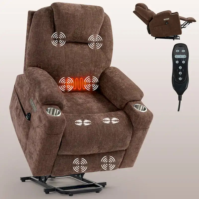 Blue Power Lift Recliner with 8-Point Massage, Heated Lumbar, Dual USB Ports, and Stainless Steel Cup Holders