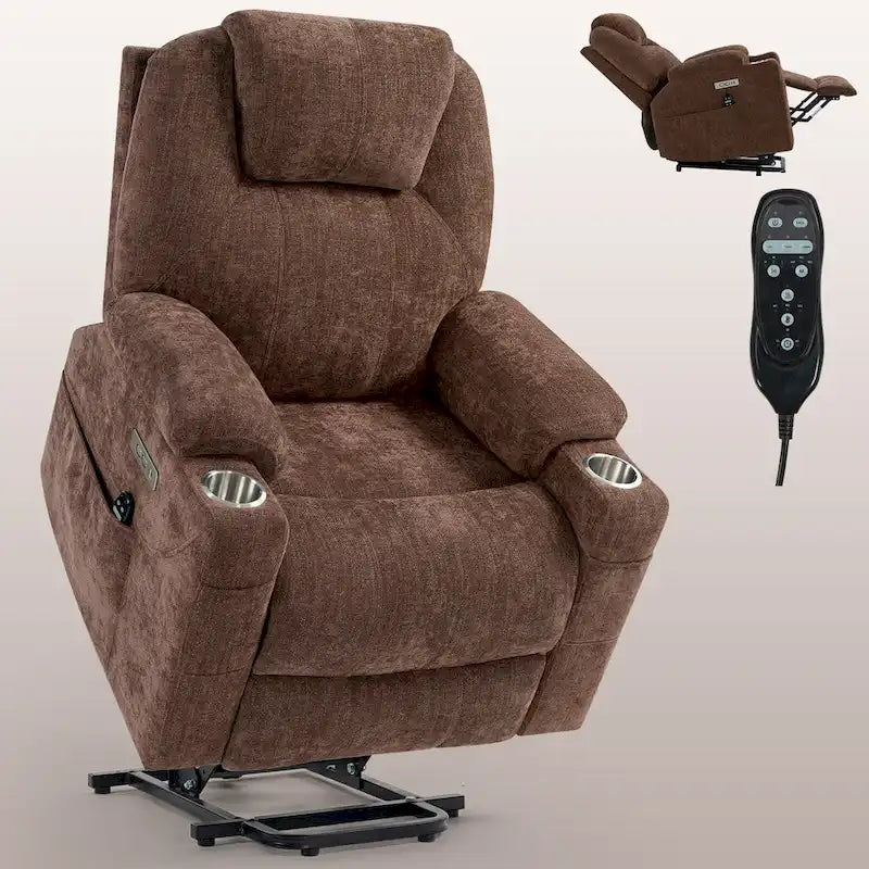 Blue Power Lift Recliner with 8-Point Massage, Heated Lumbar, Dual USB Ports, and Stainless Steel Cup Holders