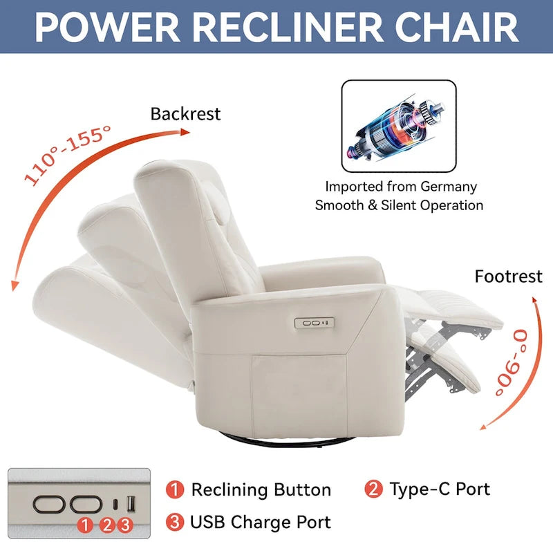 Power Swivel Rocker Recliner with Lumbar and Neck Support, USB & Type-C Charging Ports