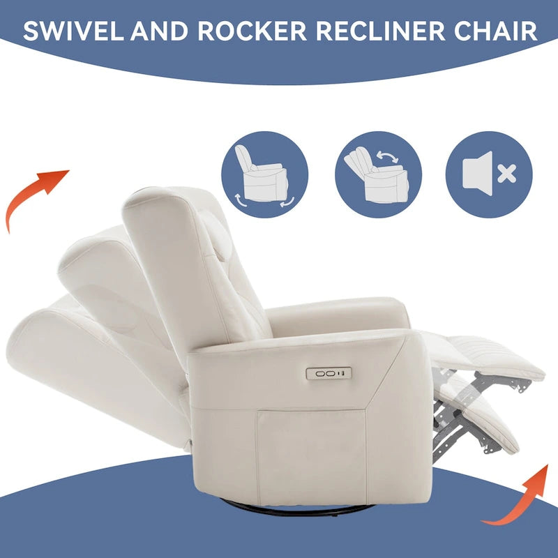 Power Swivel Rocker Recliner with Lumbar and Neck Support, USB & Type-C Charging Ports