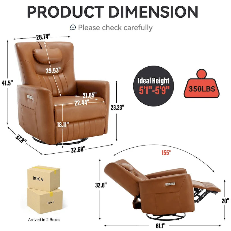 Power Swivel Rocker Recliner with Lumbar and Neck Support, USB & Type-C Charging Ports