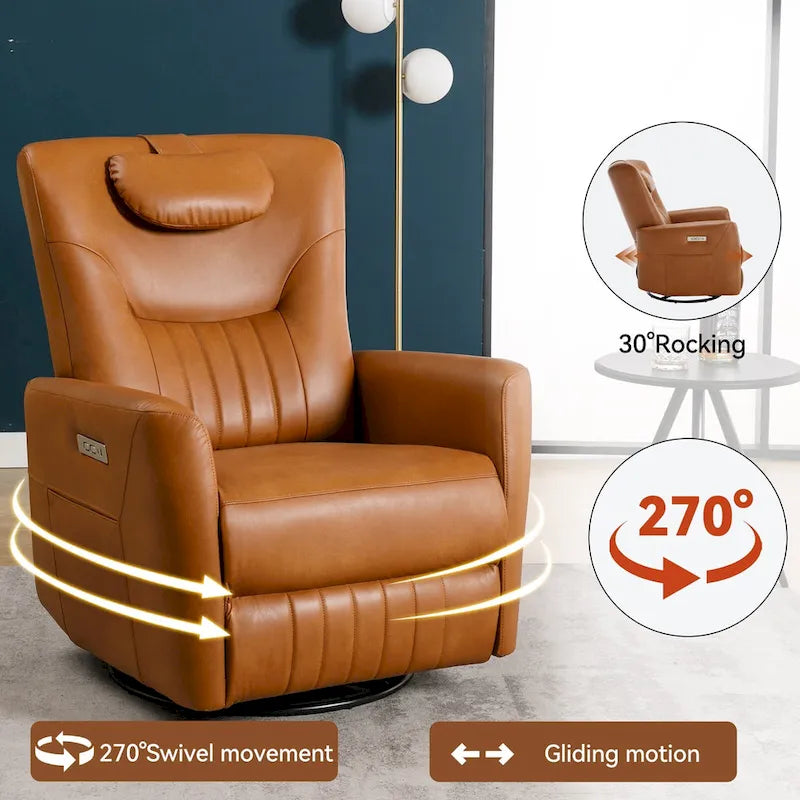 Power Swivel Rocker Recliner with Lumbar and Neck Support, USB & Type-C Charging Ports