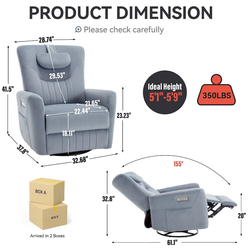 Power Swivel Rocker Recliner with Lumbar and Neck Support, USB & Type-C Charging Ports
