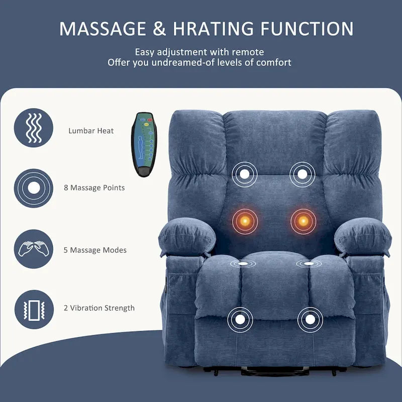 Blue Electric Lift Recliner with Heat, Massage, Infinite Recline Options, USB Ports, and Side Pockets