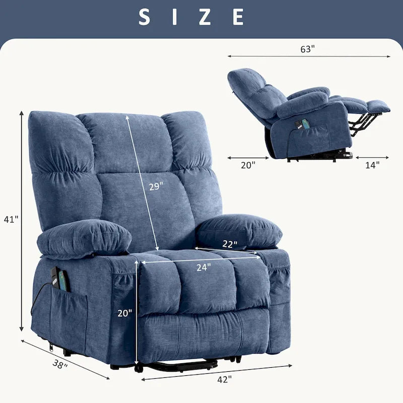 Blue Electric Lift Recliner with Heat, Massage, Infinite Recline Options, USB Ports, and Side Pockets