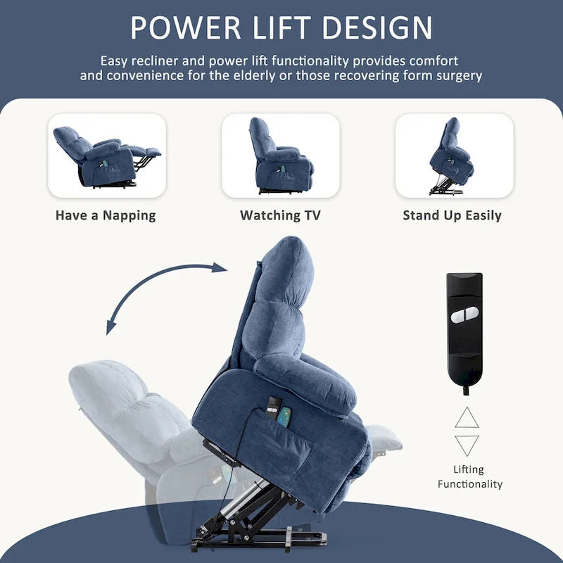 Blue Electric Lift Recliner with Heat, Massage, Infinite Recline Options, USB Ports, and Side Pockets