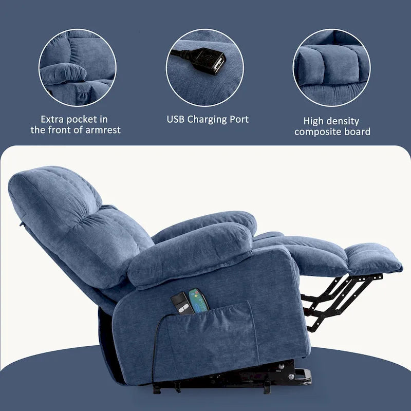 Blue Electric Lift Recliner with Heat, Massage, Infinite Recline Options, USB Ports, and Side Pockets