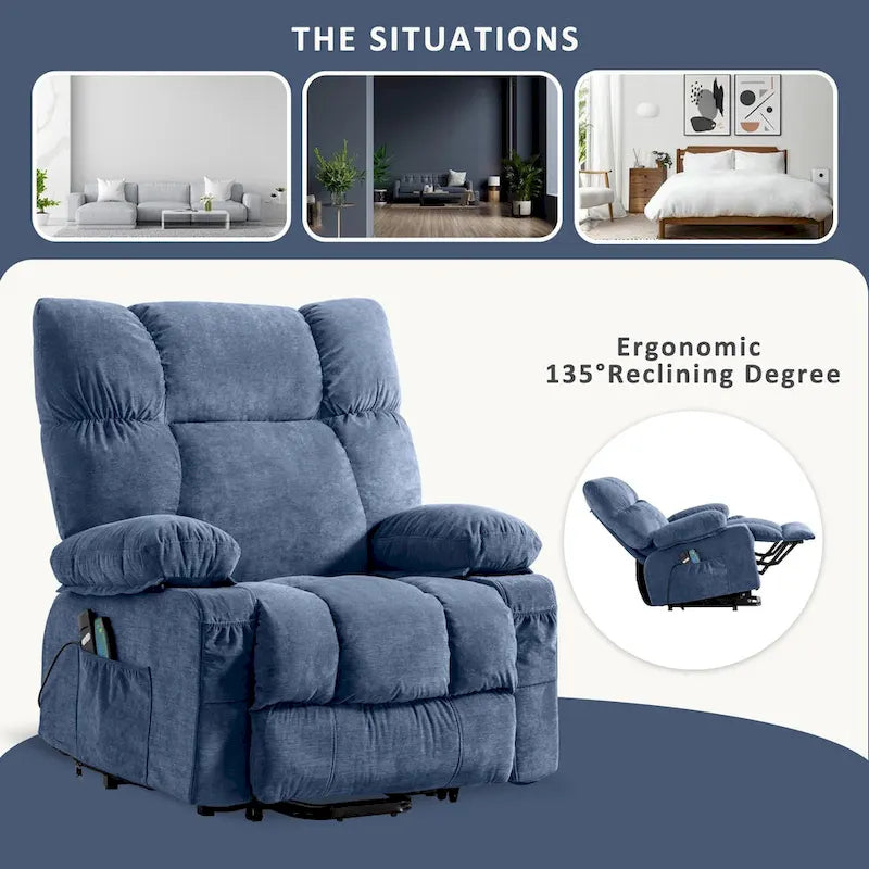 Blue Electric Lift Recliner with Heat, Massage, Infinite Recline Options, USB Ports, and Side Pockets