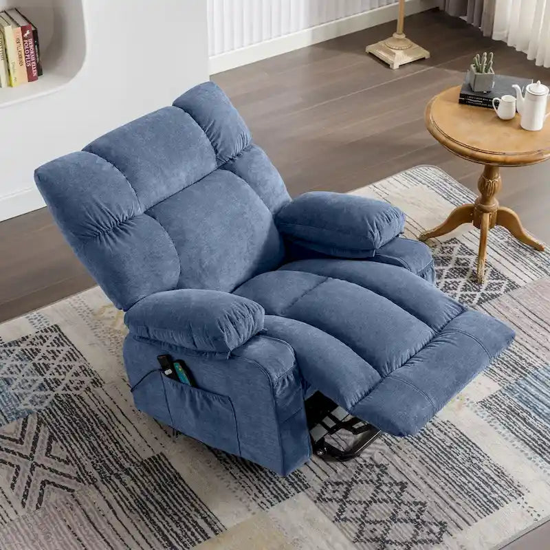 Blue Electric Lift Recliner with Heat, Massage, Infinite Recline Options, USB Ports, and Side Pockets
