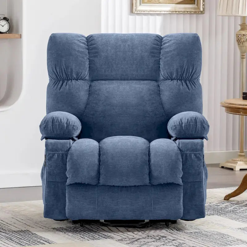 Blue Electric Lift Recliner with Heat, Massage, Infinite Recline Options, USB Ports, and Side Pockets