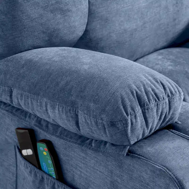 Blue Electric Lift Recliner with Heat, Massage, Infinite Recline Options, USB Ports, and Side Pockets