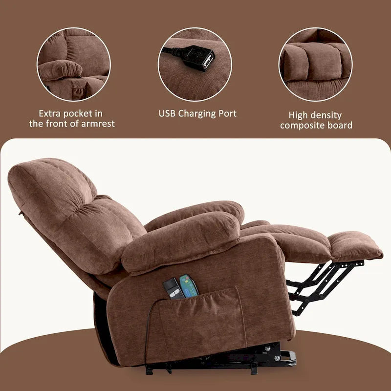 Blue Electric Lift Recliner with Heat, Massage, Infinite Recline Options, USB Ports, and Side Pockets