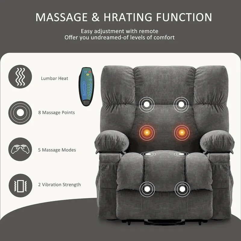 Blue Electric Lift Recliner with Heat, Massage, Infinite Recline Options, USB Ports, and Side Pockets