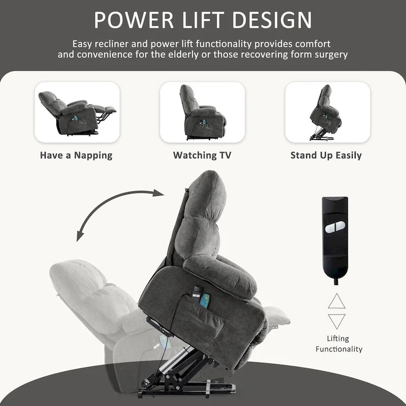 Blue Electric Lift Recliner with Heat, Massage, Infinite Recline Options, USB Ports, and Side Pockets