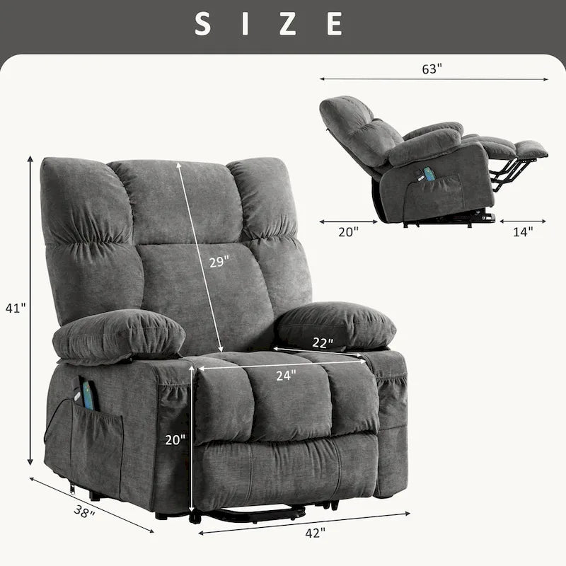 Blue Electric Lift Recliner with Heat, Massage, Infinite Recline Options, USB Ports, and Side Pockets