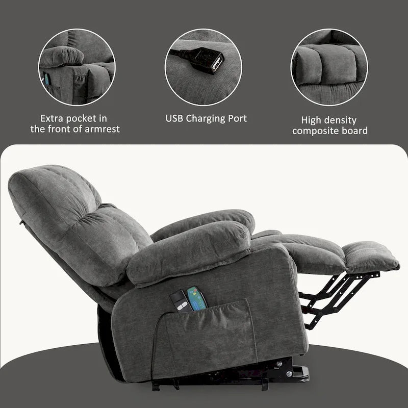 Blue Electric Lift Recliner with Heat, Massage, Infinite Recline Options, USB Ports, and Side Pockets