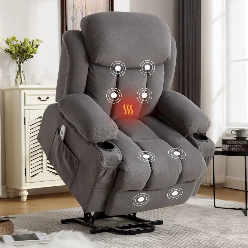 Grey Electric Power Lift Recliner Chair with Heating, Massage, USB Port, and Side Pockets