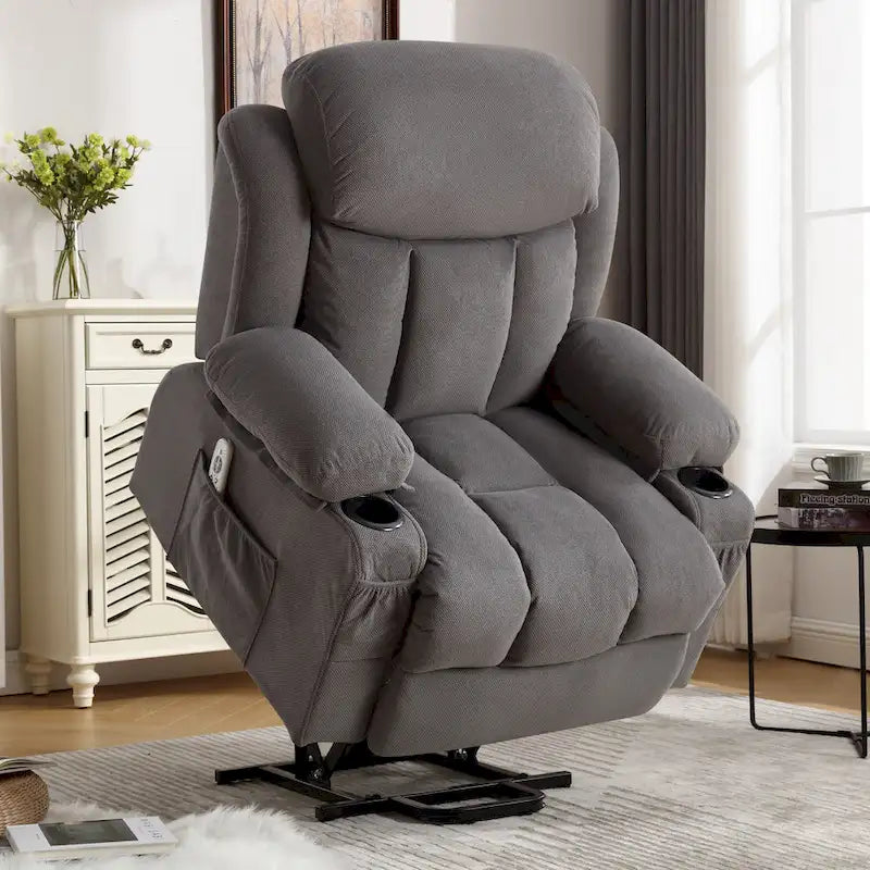 Grey Electric Power Lift Recliner Chair with Heating, Massage, USB Port, and Side Pockets