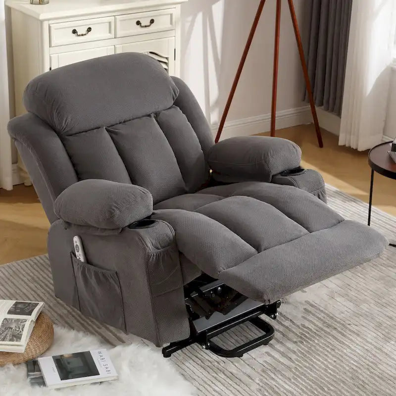 Grey Electric Power Lift Recliner Chair with Heating, Massage, USB Port, and Side Pockets