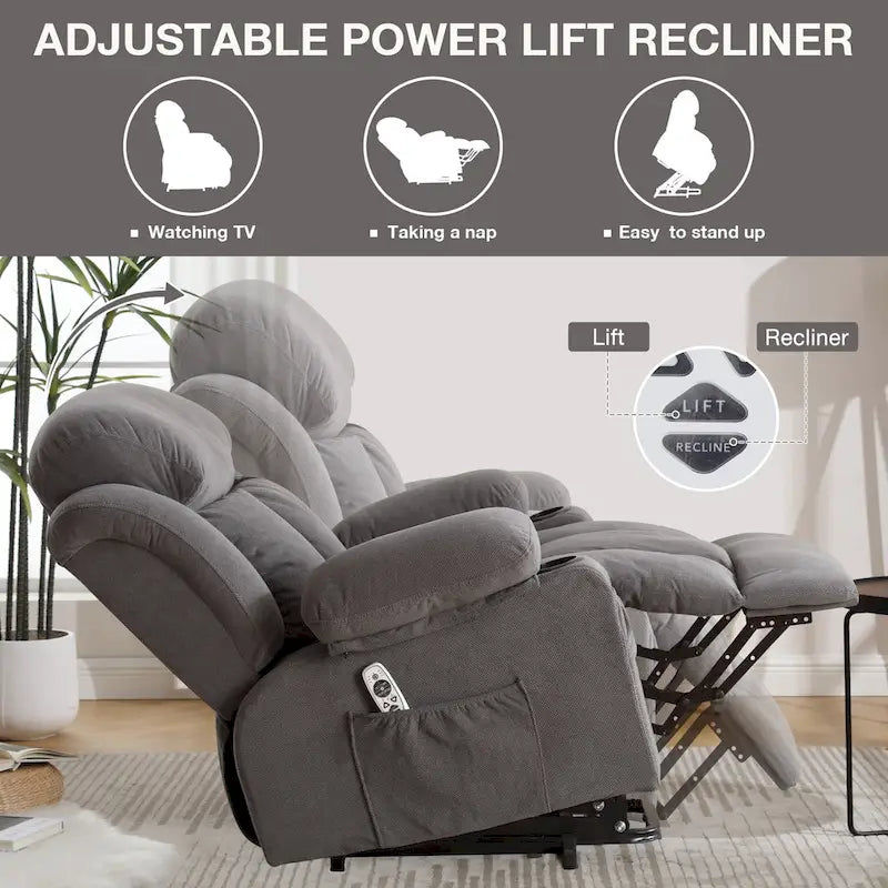 Grey Electric Power Lift Recliner Chair with Heating, Massage, USB Port, and Side Pockets