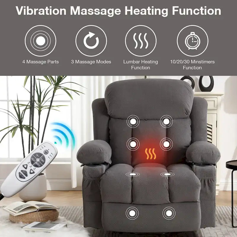 Grey Electric Power Lift Recliner Chair with Heating, Massage, USB Port, and Side Pockets