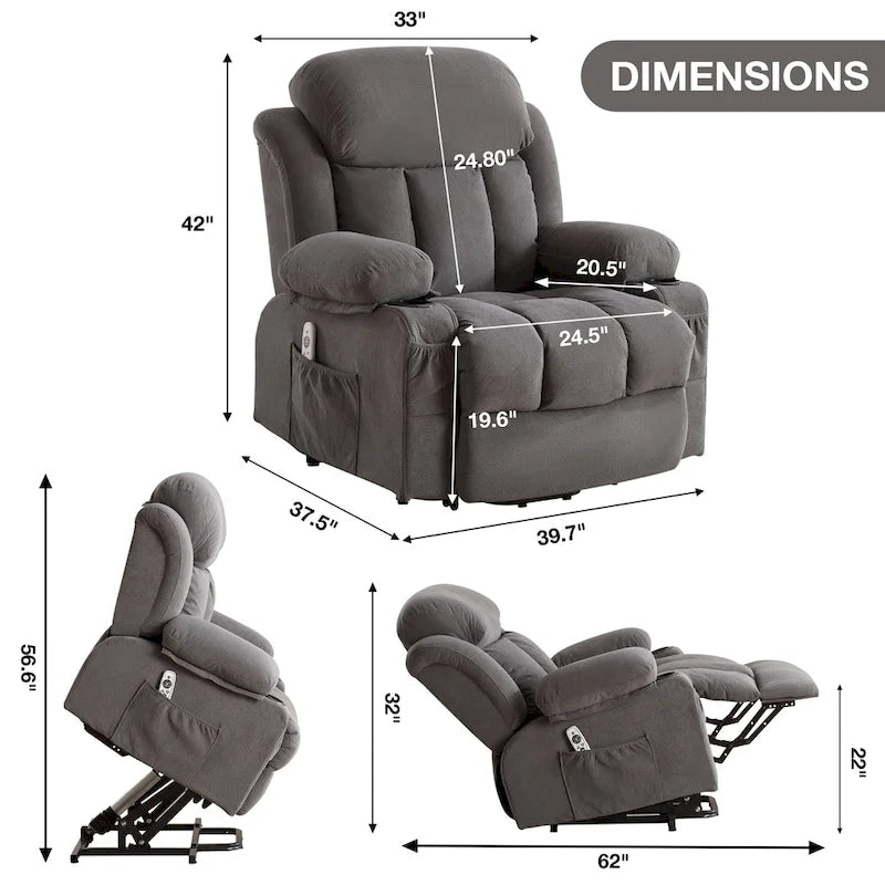 Grey Electric Power Lift Recliner Chair with Heating, Massage, USB Port, and Side Pockets