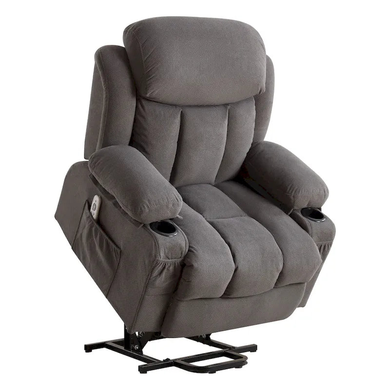 Grey Electric Power Lift Recliner Chair with Heating, Massage, USB Port, and Side Pockets