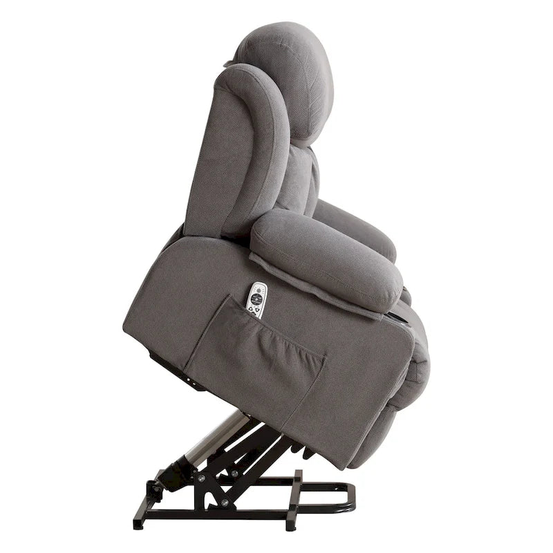 Grey Electric Power Lift Recliner Chair with Heating, Massage, USB Port, and Side Pockets