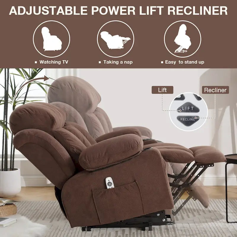 Grey Electric Power Lift Recliner Chair with Heating, Massage, USB Port, and Side Pockets