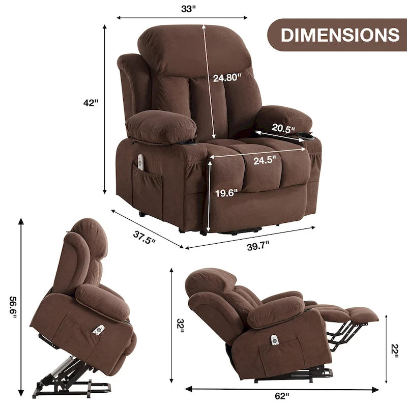 Grey Electric Power Lift Recliner Chair with Heating, Massage, USB Port, and Side Pockets