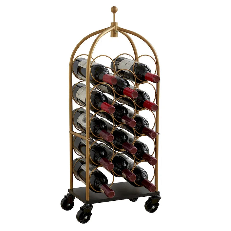 Freestanding Gold Metal Wine Rack with Caster Wheels - Holds 14 Bottles