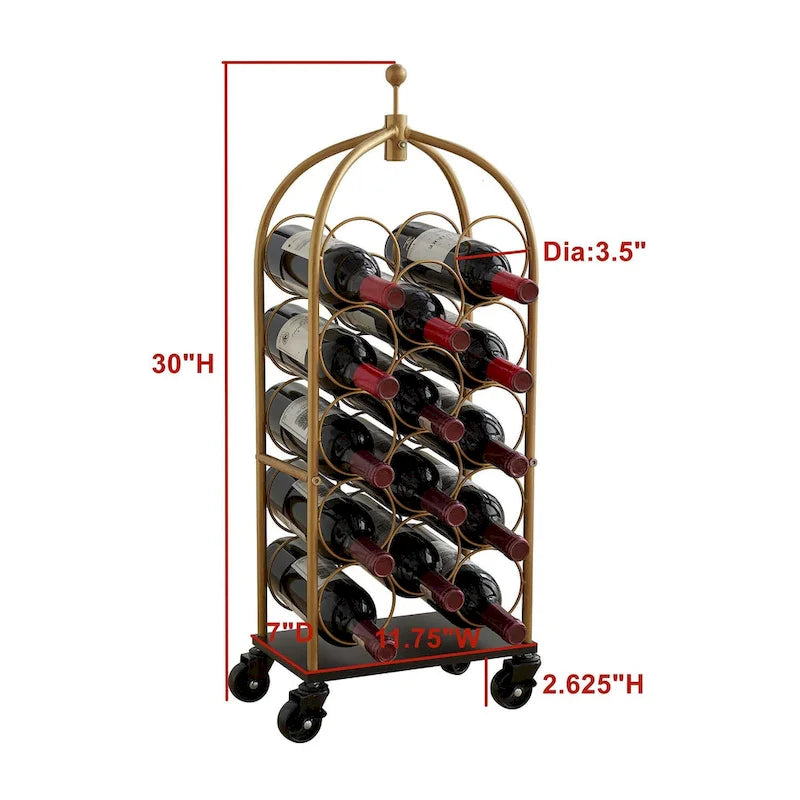Freestanding Gold Metal Wine Rack with Caster Wheels - Holds 14 Bottles