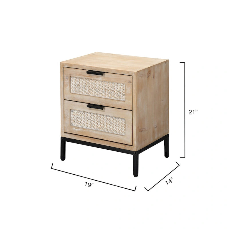 2-Drawer Side Table with Rattan Panels and Iron Base