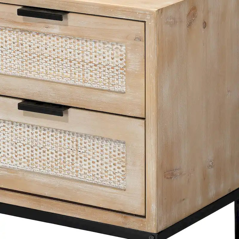 2-Drawer Side Table with Rattan Panels and Iron Base