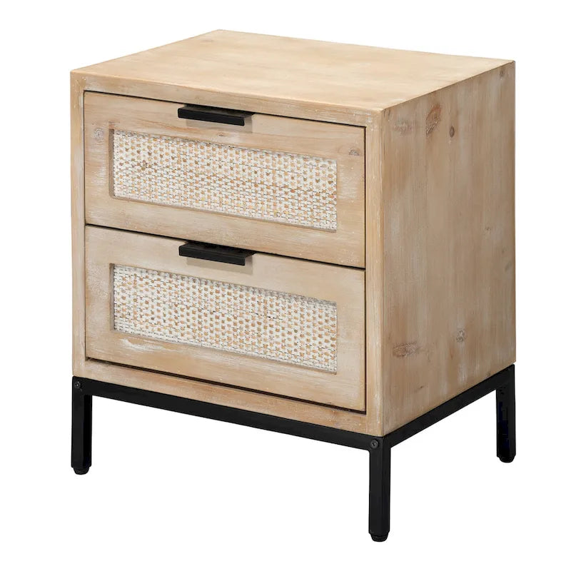 2-Drawer Side Table with Rattan Panels and Iron Base