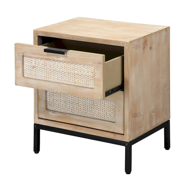2-Drawer Side Table with Rattan Panels and Iron Base