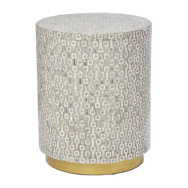 Mother of Pearl Shell Accent Table with Gold Base and Geometric Patterns - White, Gray or Black