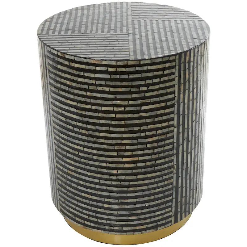 Mother of Pearl Shell Accent Table with Gold Base and Geometric Patterns - White, Gray or Black