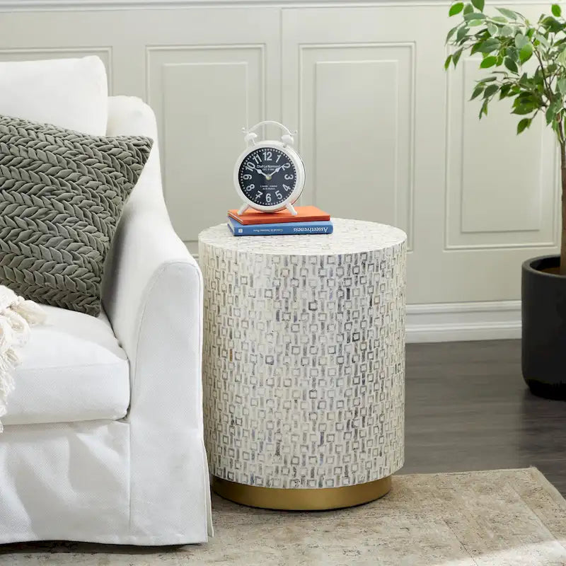 Mother of Pearl Shell Accent Table with Gold Base and Geometric Patterns - White, Gray or Black