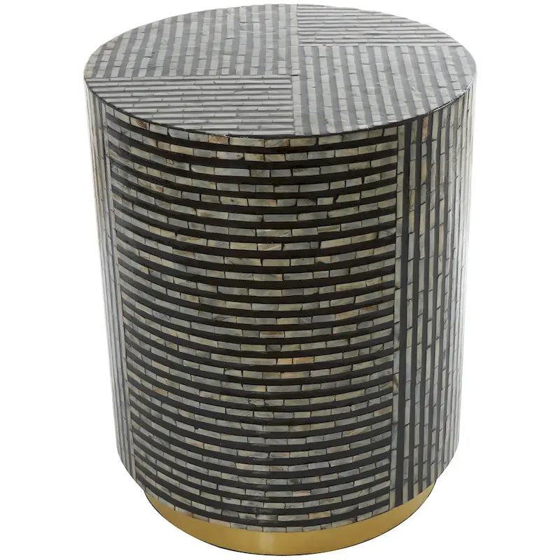 Mother of Pearl Shell Accent Table with Gold Base and Geometric Patterns - White, Gray or Black