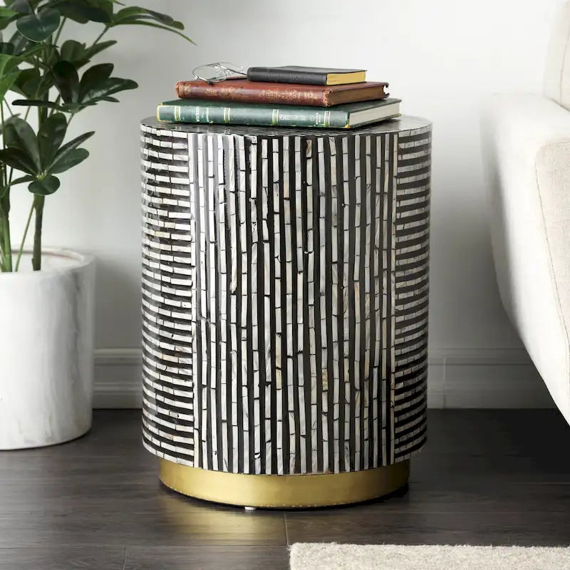 Mother of Pearl Shell Accent Table with Gold Base and Geometric Patterns - White, Gray or Black